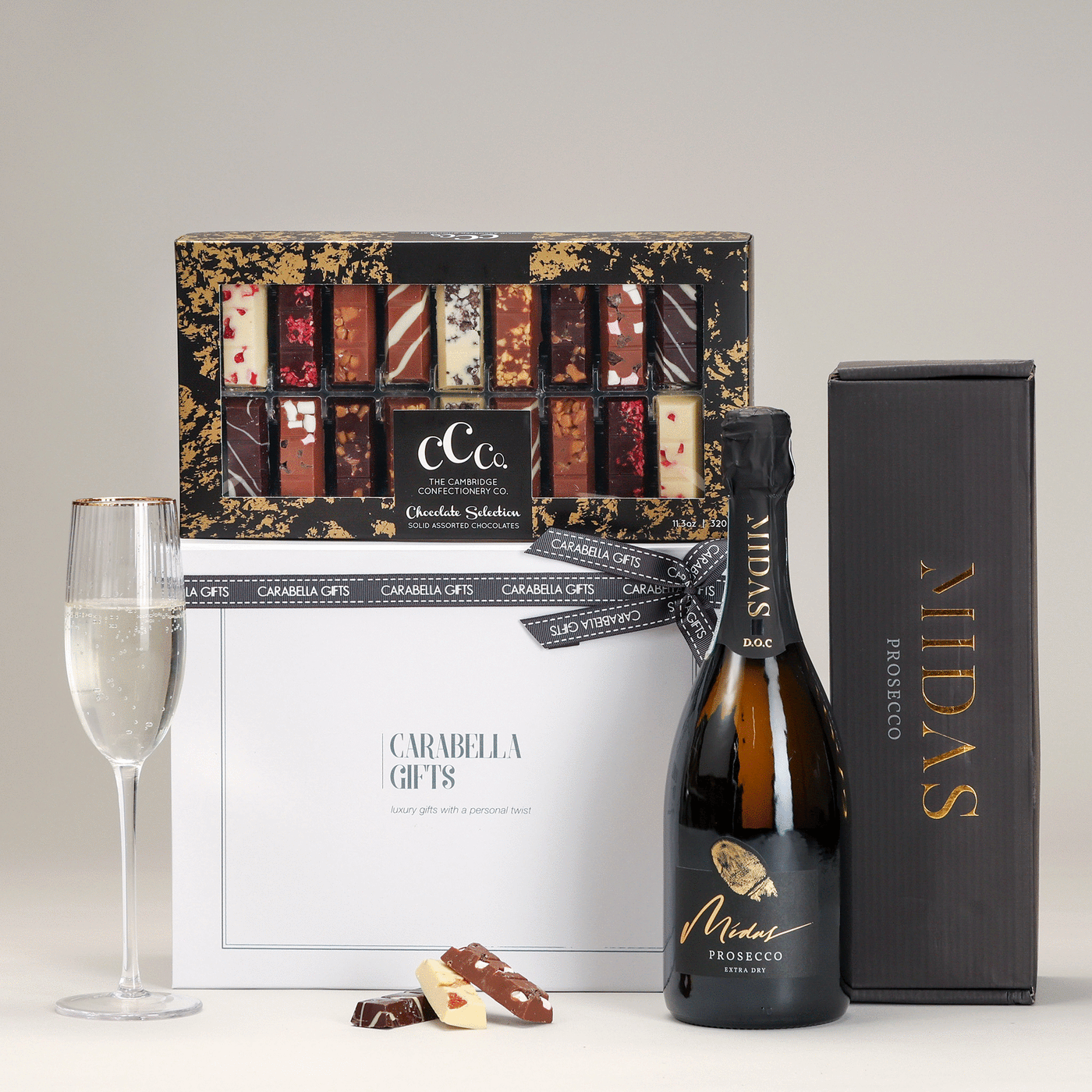 Luxury prosecco and truffles presented in a beautiful gift box and ribbon
